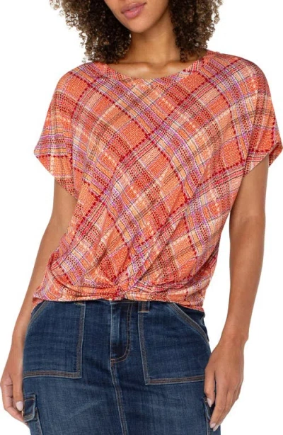 Liverpool Los Angeles Knot Front Plaid Knit Top In Clementine Multi Plaid
