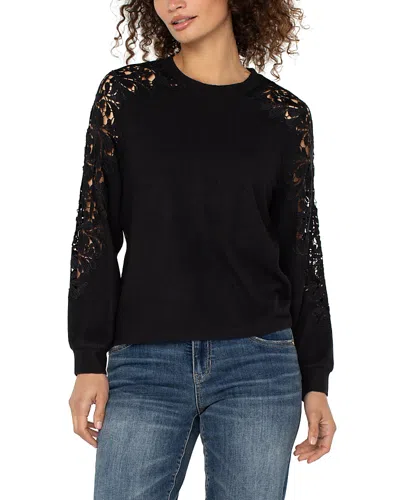 Liverpool Los Angeles Lace Trim Crewneck Sweater In Black