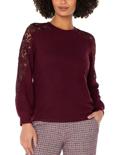 Liverpool Los Angeles Lace Trim Crewneck Sweater In Burgundy