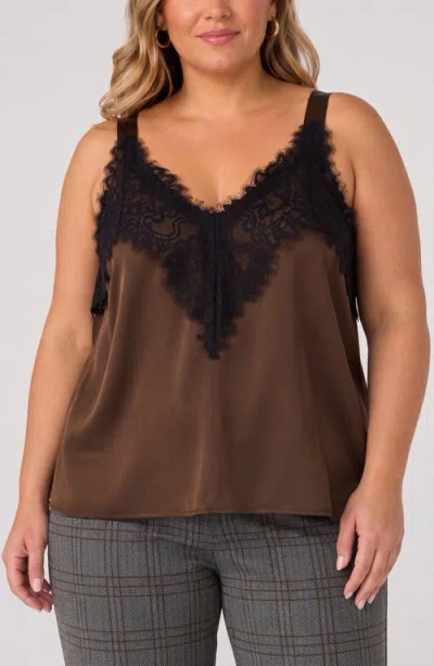 Liverpool Los Angeles Lace Trim Satin Camisole In Dark Espresso/black