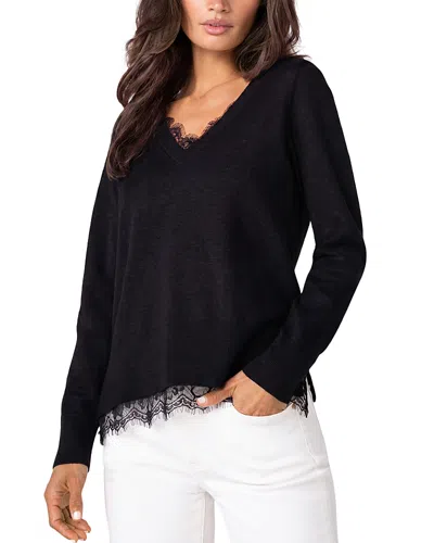 Liverpool Los Angeles Lace Trim V Neck Sweater In Black