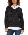 Liverpool Los Angeles Womens Layered Look Collared Sweater Kelsey Wide Leg Pants In Black/ White Flecks