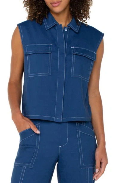 Liverpool Los Angeles Linen Blend Sleeveless Cargo Button-up Shirt In Goddess Blue