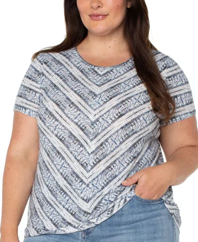 Liverpool Los Angeles Liverpool Plus Size Ikat-print Mitered Knit Short-sleeve Top In Blue
