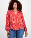 Liverpool Los Angeles Liverpool Plus Size Printed Blouson-sleeve Button-front Blouse In Red