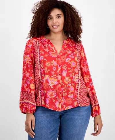 Liverpool Los Angeles Liverpool Plus Size Printed Blouson-sleeve Button-front Blouse In Red