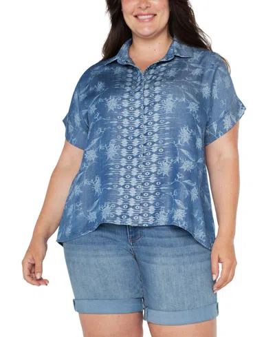 Liverpool Los Angeles Liverpool Plus Size Printed High-low Camp Shirt In Blue