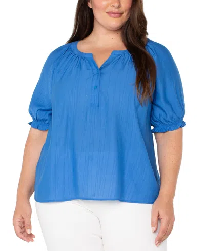 Liverpool Los Angeles Liverpool Plus Size Woven Split-neck Puff-sleeve Blouse In Cobalt