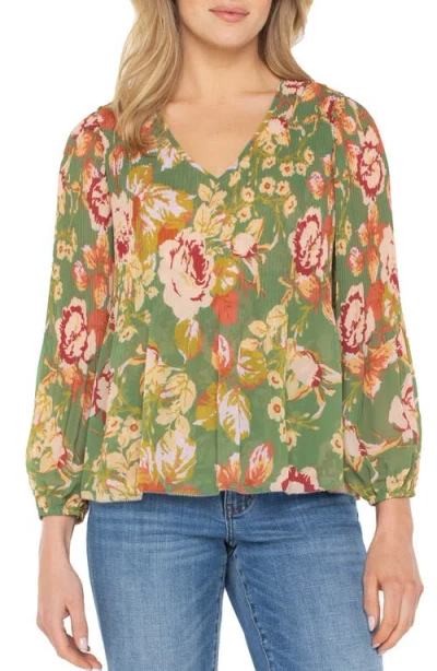 Liverpool Los Angeles Long Sleeve Pleated V-neck Top In Multi