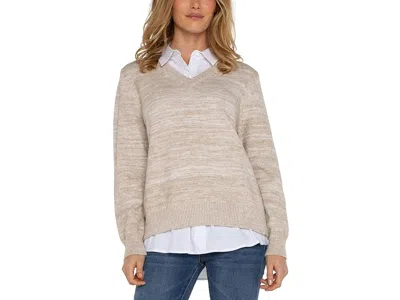 Liverpool Los Angeles Long Sleeve Two-fer Collared Sweater Melange Sweater Yarn In Brown