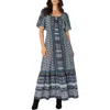 Liverpool Los Angeles Printed Square Neck Elbow Sleeve Maxi Dress In Blue