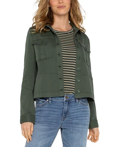 Liverpool Los Angeles Peplum Twill Trucker Jacket In Moss Green