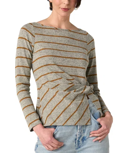Liverpool Los Angeles Petite Boat Neck Long-sleeve Stripe Blouse In Grey,yellow Stripe