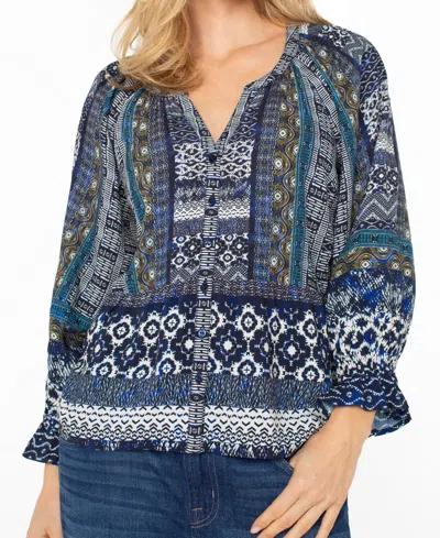 Liverpool Los Angeles Petite Button Front Woven Top In Blue