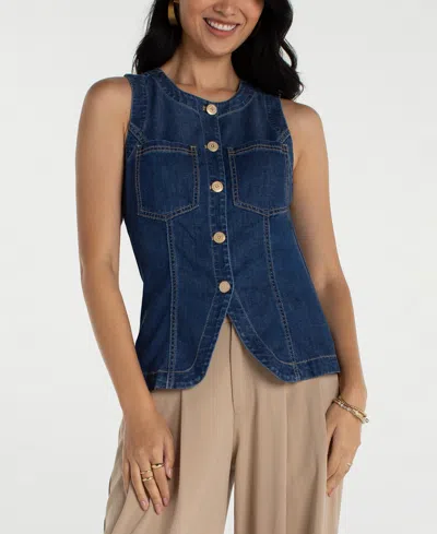 Liverpool Los Angeles Petite Crewneck Button-down Vest In Blue