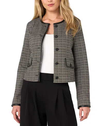 Liverpool Los Angeles Petite Cropped Collarless Plaid Blazer In Black,tan Mini Check