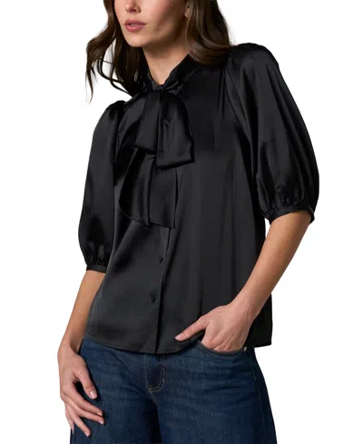 Liverpool Los Angeles Petite Elbow-length Puff-sleeve Tie-neck Satin Blouse In Black