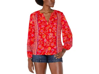 Liverpool Los Angeles Petite Long Sleeve Button Front Shirred Woven Blouse In Red