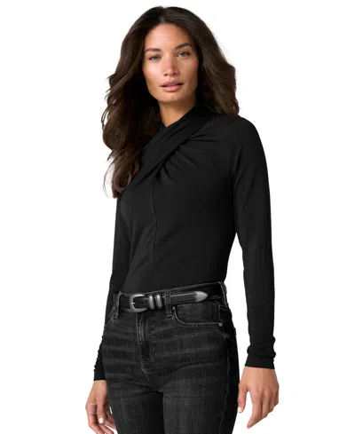 Liverpool Los Angeles Petite Long-sleeve Wrap-neck Jersey-knit Blouse In Black