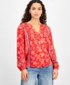 Liverpool Los Angeles Liverpool Plus Size Printed Blouson-sleeve Button-front Blouse In Red