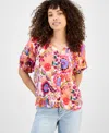 Liverpool Los Angeles Floral Puff Sleeve Button-up Top In Multi