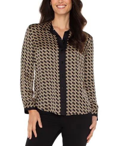 Liverpool Los Angeles Petite Printed Satin Shirt In Brown