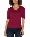 Liverpool Los Angeles Petite Ribbed V-neck Top In Red
