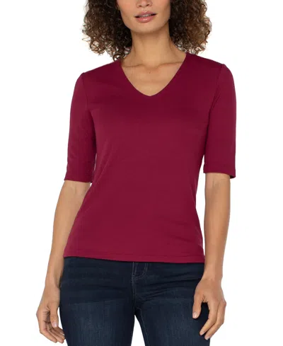 Liverpool Los Angeles Petite Ribbed V-neck Top In Red