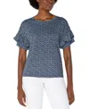Liverpool Los Angeles Batik Tiered Ruffle Sleeve Jersey Top In Navy Cream Batik