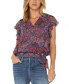 Liverpool Los Angeles Floral Ruffle Sleeve Top In Blue Pink Floral
