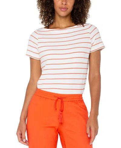 Liverpool Los Angeles Petite Short-sleeve Boat-neck Knit Top In Whipped Cream Slmt Stripe