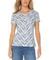 Liverpool Los Angeles Liverpool Plus Size Ikat-print Mitered Knit Short-sleeve Top In Indigo Ikat Stripe