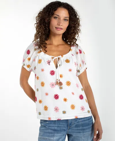 Liverpool Los Angeles Petite Short-sleeve Tie Neck Top In White