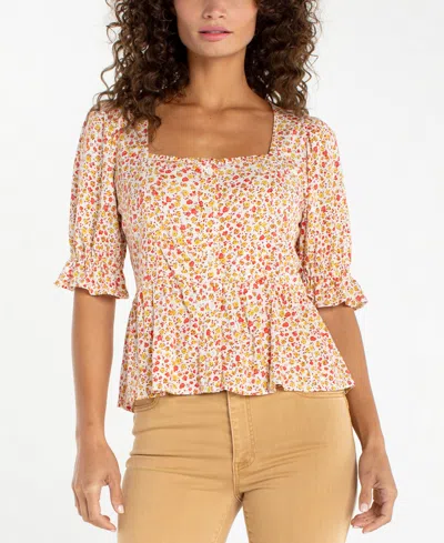 Liverpool Los Angeles Petite Square Neck Puff-sleeve Blouse In Multi