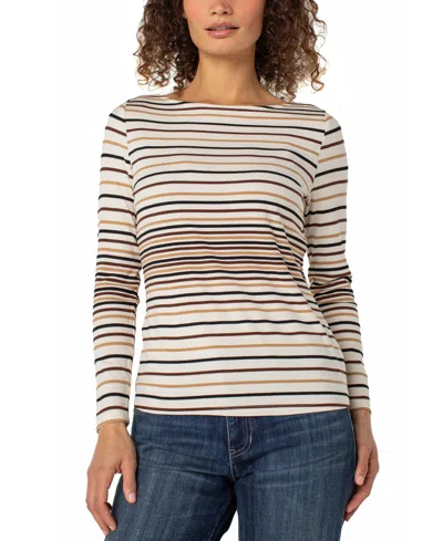 Liverpool Los Angeles Petite Striped Boat-neck Top In Neutral