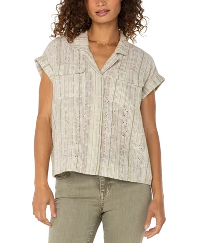 Liverpool Los Angeles Petite Striped Dolman-sleeve Camp Shirt In Neutral