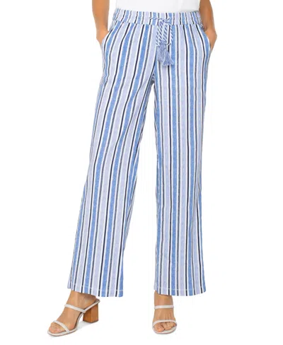 Liverpool Los Angeles Stripe Linen Blend Drawstring Wide Leg Pants In White Blue Milti Stripe