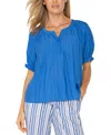 Liverpool Los Angeles Liverpool Plus Size Woven Split-neck Puff-sleeve Blouse In Cobalt