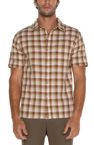 Liverpool Los Angeles Plaid Short Sleeve Cotton & Linen Button-up Shirt In Tan Green Multi