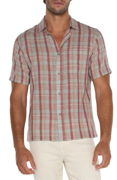 Liverpool Los Angeles Plaid Short Sleeve Linen & Cotton Button-up Shirt In Aqua Red