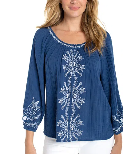 Liverpool Los Angeles Plus 3/4 Sleeve Embroidered Top In Blue