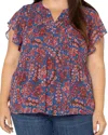 Liverpool Los Angeles Plus Double Layer Flutter Sleeve Woven Blouse In Black Pink Floral