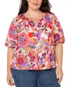 Liverpool Los Angeles Plus Short Sleeve Button Front Blouse In Floral Paradise Multi