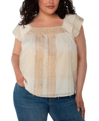 Liverpool Los Angeles Plus Size Chevron Stripe Flutter-sleeve Square-neck Blouse In Neutral