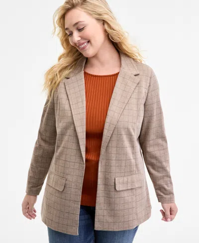 Liverpool Los Angeles Plus Size Plaid Boyfriend Blazer In Brown