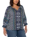 Liverpool Los Angeles Plus Size Printed V-neck Button-front 3/4-sleeve Blouse In Blue