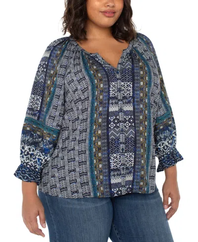LIVERPOOL LOS ANGELES PLUS SIZE PRINTED V-NECK BUTTON-FRONT 3/4-SLEEVE BLOUSE