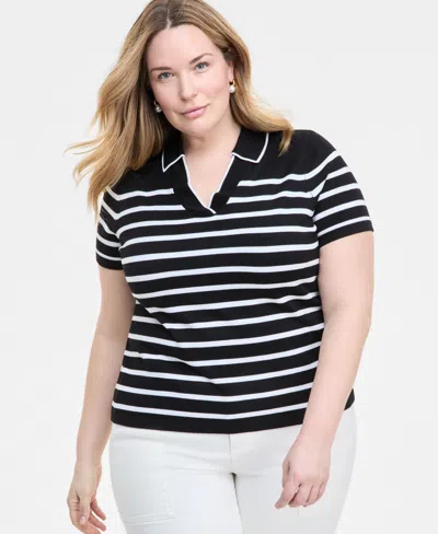 Liverpool Los Angeles Plus Size Short-sleeve Collared Sweater In Black White Stripe