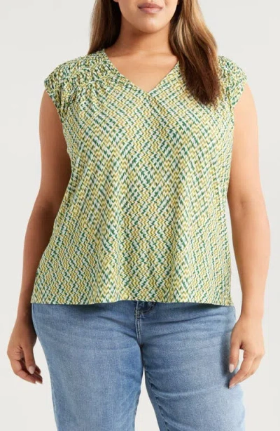 Liverpool Los Angeles Print Shirred Sleeveless Top In Green Min Chevron
