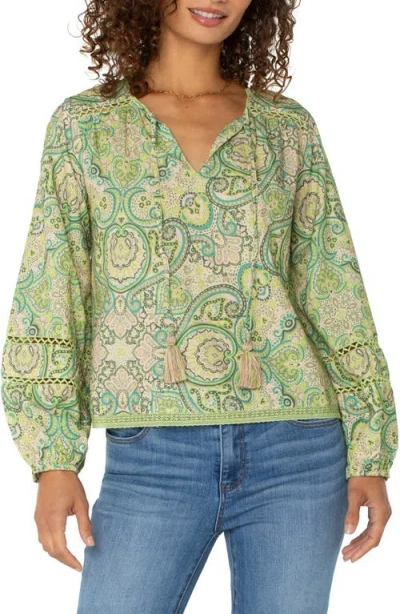 Liverpool Los Angeles Print Tie Neck Top In Green Pink Paisley